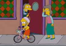 a cartoon of a girl riding a bike with a basket that says ' simpson ' on it