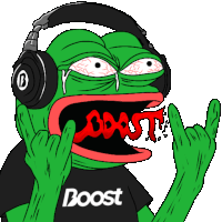 a green frog wearing headphones and a black shirt that says boost
