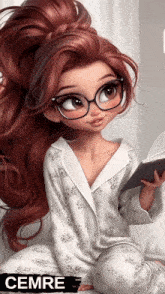 a cartoon girl with glasses is sitting on a bed reading a book with the name cemre on the bottom