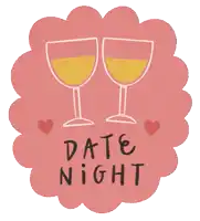 a pink circle with two wine glasses and the words date night written on it