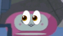 a close up of a cartoon character 's face with big eyes and a pink hat .