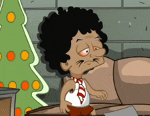 a cartoon character sitting on a couch with a christmas tree behind him