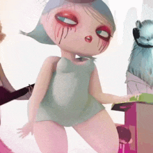 a cartoon girl with blood dripping from her face is wearing headphones