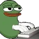 a cartoon frog is typing on a computer keyboard .