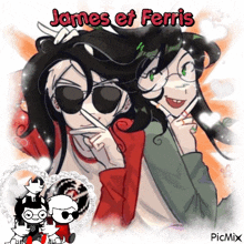 a picture of james and ferris with a picture of a cat in the background