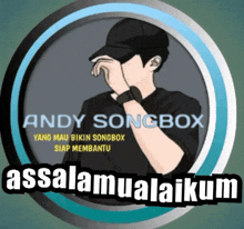 a logo for andy songbox shows a man covering his face with his hands