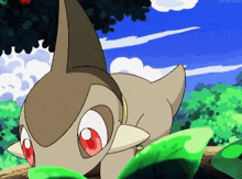 a cartoon drawing of a pokemon with red eyes looking at something