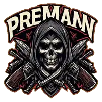 a skull with a hood and crossed knives with the word premann above it