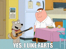 a cartoon of a dog playing a guitar with the words yes i like farts