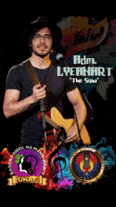 a man holding a guitar and singing into a microphone with the name adm. lyennart on the bottom