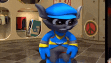 a cartoon character is wearing a blue hat and a blue and yellow outfit .