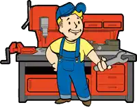 a cartoon of a man holding a wrench in front of a red workbench