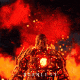 a poster for a video game called the bornless shows a man surrounded by flames
