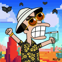 a cartoon of a man smoking a cigarette with 145/151 on the bottom