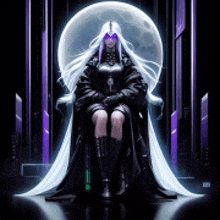 a woman with long white hair and purple eyes is sitting on a throne in front of a full moon .