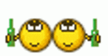 a pair of smiley faces holding green guns .