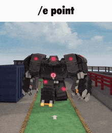 a robot walking down a path with the words / e point above it