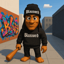 a cartoon character wearing a black sweatshirt that says blazzord