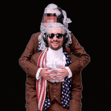 a man in a wig and headphones is holding another man