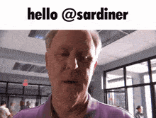 a man in a purple shirt with the words hello @ sardiner below him