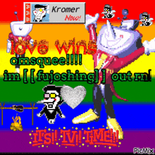 a pixel art of a cartoon character with the words " love wins omsquee !!! "