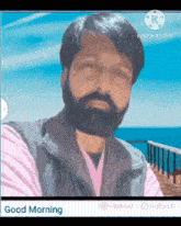 a man with a beard is taking a selfie in front of a blue sky