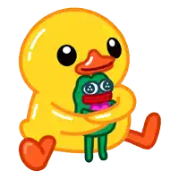 a cartoon duck is holding a green frog