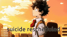 a picture of a boy with a backpack and the words suicide rescheduled above him