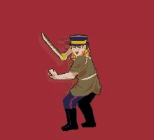 pixel art of a man holding a sword on a red background