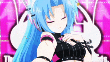 a girl with blue hair is smiling in front of a pink background with the word threads on it