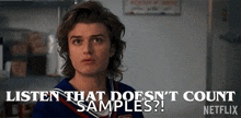 a netflix advertisement shows a young man in a blue and red uniform asking listen that does n't count samples