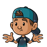 a cartoon of a boy wearing a hat that says aky on it
