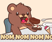 a cartoon of a teddy bear eating food with the words nom nom nom nom