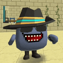 a pixelated character wearing a hat and sunglasses