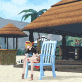 a girl sits in a blue chair on the beach wearing a shirt that says ' i am ' on it
