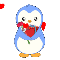 a blue penguin is holding a red heart and roses
