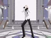 a 3d character is dancing on a stage in front of a white screen .