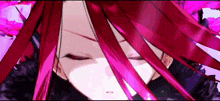 a close up of a girl with long red hair in a video game with her eyes closed .