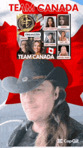 a man wearing a cowboy hat stands in front of a team canada banner