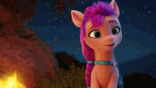 a cartoon pony with purple hair is standing in front of a fire