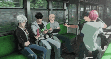 a group of anime characters sitting on a bus