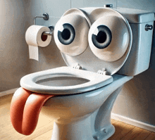 a toilet with googly eyes and a tongue sticking out of it