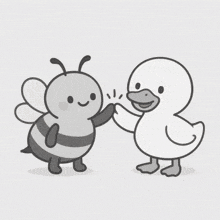 a bee giving a duck a high five with red hearts surrounding them
