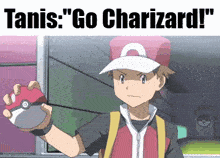 a boy in a red hat is holding a pokeball with the words " go charizard " above him