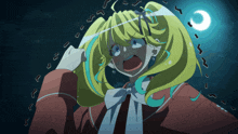 a drawing of a girl with yellow hair and a crescent moon behind her