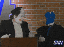 a man with a long nose is talking to another man behind a podium that says sin