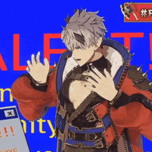 a man in a red and blue jacket is standing in front of a blue background with the word unity on it