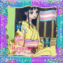 a picture of a girl with butterflies and the words good morning on it