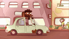 a cartoon of a cowboy driving a car with a lasso
