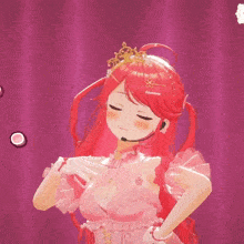 a girl with red hair wearing a pink dress